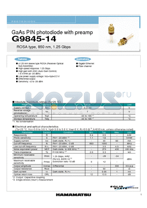 G9845-14 datasheet - GaAs PIN photodiode with preamp