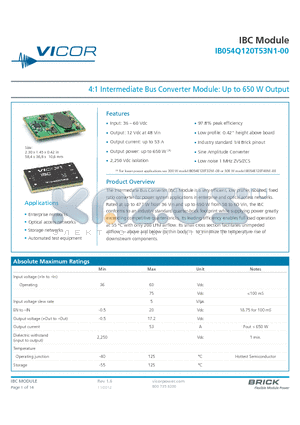 IB054Q120T53N2-BP datasheet - 4:1 Intermediate Bus Converter Module: Up to 650 W Output