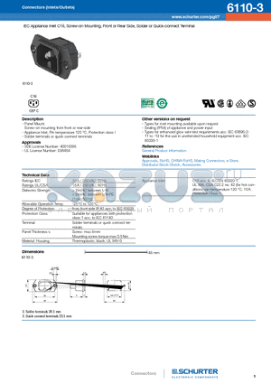 6110-3 datasheet - IEC Appliance Inlet C16, Screw-on Mounting, Front or Rear Side, Solder or Quick-connect Terminal
