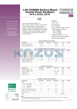 6111 datasheet - 1.8V LVCMOS Surface Mount Crystal Clock Oscillator