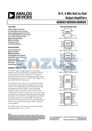 AD8666ARZ-REEL datasheet - 16 V, 4 MHz Rail-to-Rail Output Amplifiers