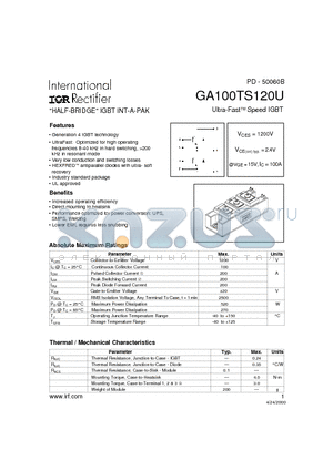 GA100TS120U datasheet - HALF-BRIDGE IGBT INT-A-PAK