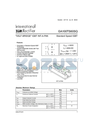 GA100TS60SQ datasheet - HALF-BRIDGE IGBT INT-A-PAK Standard Speed IGBT