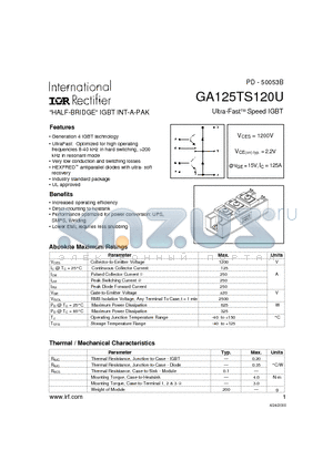GA125TS120U datasheet - HALF-BRIDGE IGBT INT-A-PAK