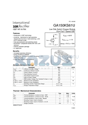 GA150KS61U datasheet - Low Side Switch Chopper Module Ultra-Fast Speed IGBT