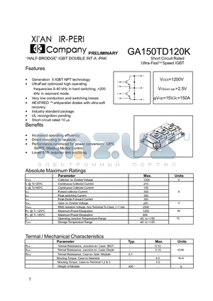 GA150TD120K datasheet - Short Circuit Rated Ultra-Fast tm Speed IGBT
