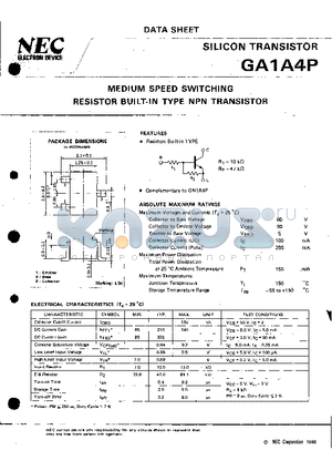 GA1A4P datasheet - MEDIUM SPEED SWITCHING RESISTOR BUILT-IN TYPE NPN TRANSISTOR