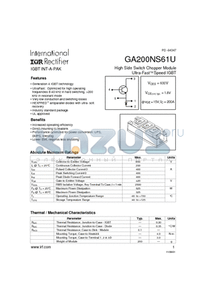 GA200NS61U datasheet - High Side Switch Chopper Module Ultra-Fast Speed IGBT