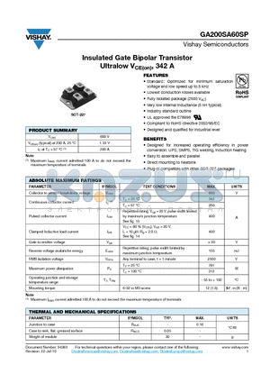 GA200SA60S datasheet - Insulated Gate Bipolar Transistor Ultralow VCE(on), 342 A