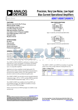 AD8672ARMZ datasheet - Precision, Very Low Noise, Low Input Bias Current Operational Amplifiers