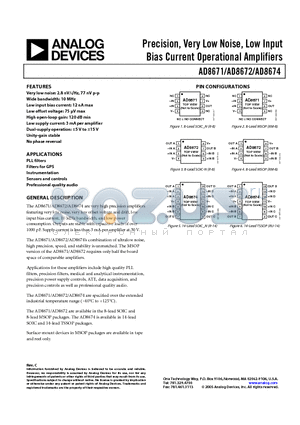AD8672ARMZ-REEL datasheet - Precision, Very Low Noise, Low Input Bias Current Operational Amplifiers