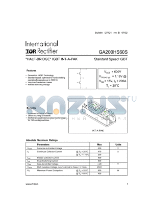 GA200HS60S datasheet - HALF-BRIDGE IGBT INT-A-PAK
