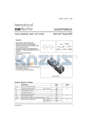 GA200TS60UX datasheet - Ultra-FastTM Speed IGBT