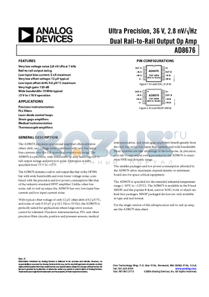AD8676ARZ datasheet - Ultra Precision, 36 V, 2.8 nV/Hz Dual Rail-to-Rail Output Op Amp
