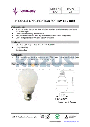 IBACXS datasheet - PRODUCT SPECIFICATION FOR E27 LED Bulb