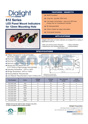 612-3132-130F datasheet - LED Panel Mount Indicators for 12mm Mounting Hole