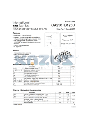 GA250TD120U datasheet - HALF-BRIDGE IGBT DOUBLE INT-A-PAK