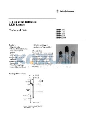 HLMP-1503-DED00 datasheet - T-1 (3 mm) Diffused LED Lamps