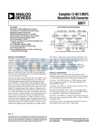 AD871 datasheet - Complete 12-Bit 5 MSPS Monolithic A/D Converter