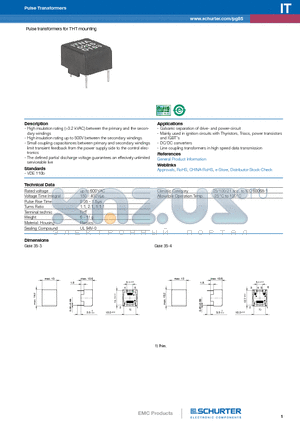 ITNA-0249-D104 datasheet - Pulse transformers for THT mounting