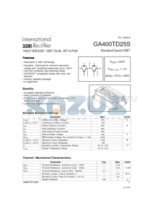 GA400TD25S datasheet - HALF-BRIDGE IGBT DUAL INT-A-PAK