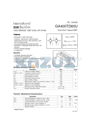 GA400TD60U datasheet - HALF-BRIDGE IGBT DUAL INT-A-PAK Ultra-FastTM Speed IGBT