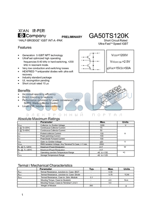 GA50TS120K datasheet - Short Circuit Rated Ultra-FastTM Speed IGBT