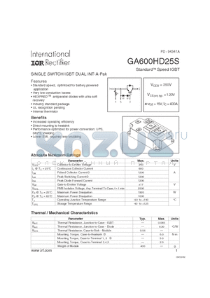 GA600HD25S datasheet - Standard Speed IGBT