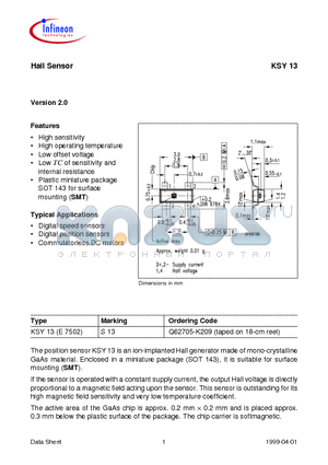 KSY13 datasheet - Hall Sensor