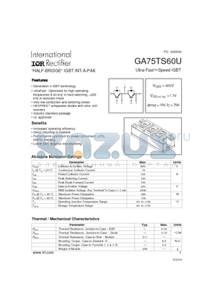 GA75TS60U datasheet - HALF-BRIDGE IGBT INT-A-PAK