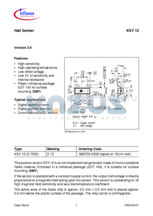KSY13E7502 datasheet - Hall Sensor