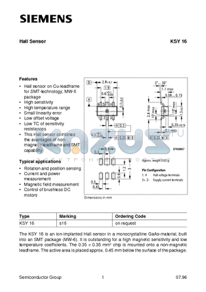 KSY16 datasheet - Hall Sensor