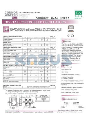 6122 datasheet - 2.5V SURFACE MOUNT 6x3.5mm CRYSTAL CLOCK OSCILLATOR