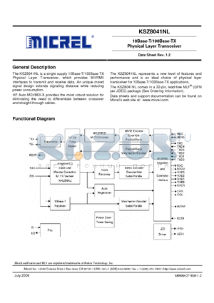 KSZ8041NL_08 datasheet - 10Base-T/100Base-TX Physical Layer Transceiver