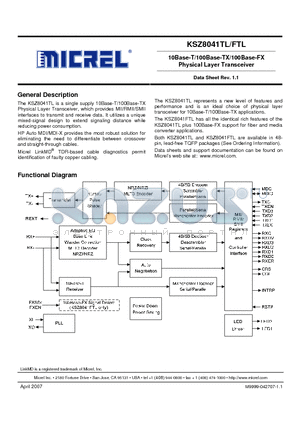 KSZ8041TL datasheet - 10Base-T/100Base-TX/100Base-FX Physical Layer Transceiver