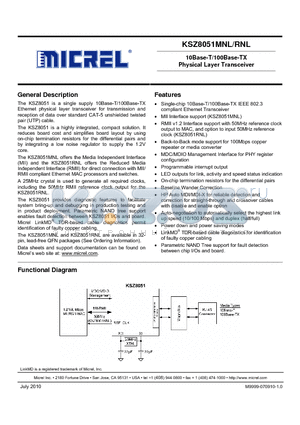 KSZ8051MNLI datasheet - 10Base-T/100Base-TX Physical Layer Transceiver