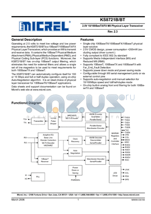 KSZ8721B datasheet - 2.5V 10/100BasTX/FX MII Physical Layer Transceiver