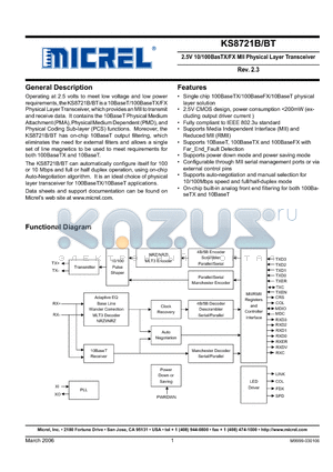 KSZ8721BT datasheet - 2.5V 10/100BasTX/FX MII Physical Layer Transceiver