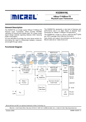 KSZ8041NLI datasheet - 10Base-T/100Base-TX Physical Layer Transceiver