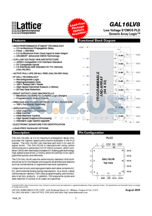 GAL16LV8C-15LJ datasheet - Low Voltage E2CMOS PLD Generic Array Logic