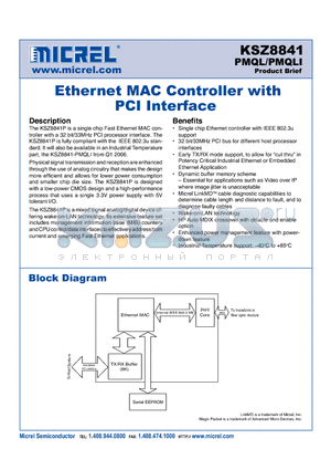 KSZ8841P datasheet - Ethernet MAC Controller with PCI Interface