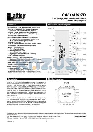 GAL16LV8ZD datasheet - Low Voltage, Zero Power E2CMOS PLD Generic Array Logic