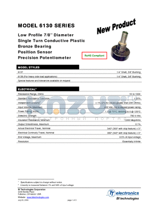 613720KL1.0XX datasheet - Low Profile 7/8 Diameter Single Turn Conductive Plastic Bronze Bearing Position Sensor Precision Potentiometer