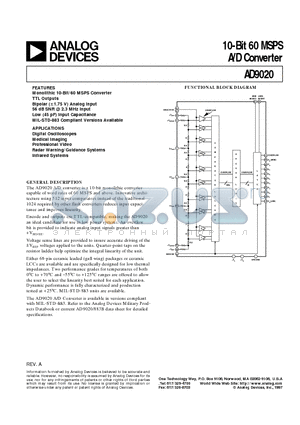 AD9020 datasheet - 10-Bit 60 MSPS A/D Converter