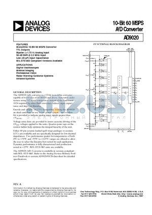 AD9020PCB datasheet - 10-Bit 60 MSPS A/D Converter