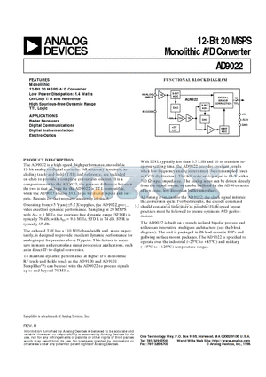 AD9022AQ datasheet - 12-Bit 20 MSPS Monolithic A/D Converter