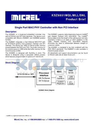 KSZ8851MLL datasheet - Single Port MAC/PHY Controller with Non PCI Interface