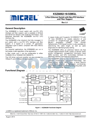 KSZ8862-10FL-EVAL datasheet - 2-Port Ethernet Switch with Non-PCI Interface and Fiber Support