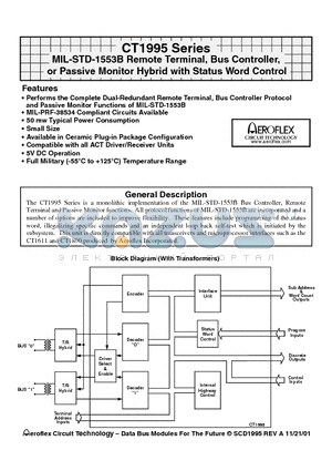 CT1995-20 datasheet - MIL-STD-1553B Remote Terminal, Bus Controller, or Passive Monitor Hybrid with Status Word Control