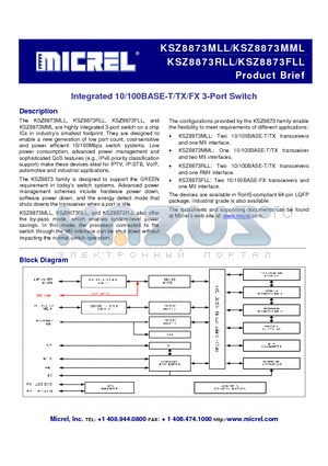 KSZ8873FLL datasheet - Integrated 10/100BASE-T/TX/FX 3-Port Switch